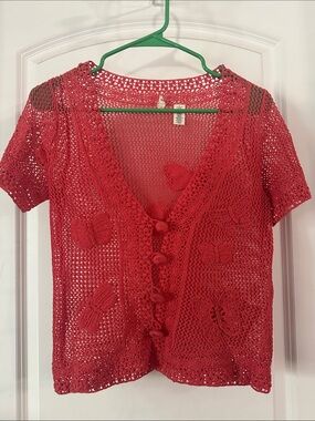 Anthropologie x Moth Crochet Coral Short Sleeve Cardigan Size M